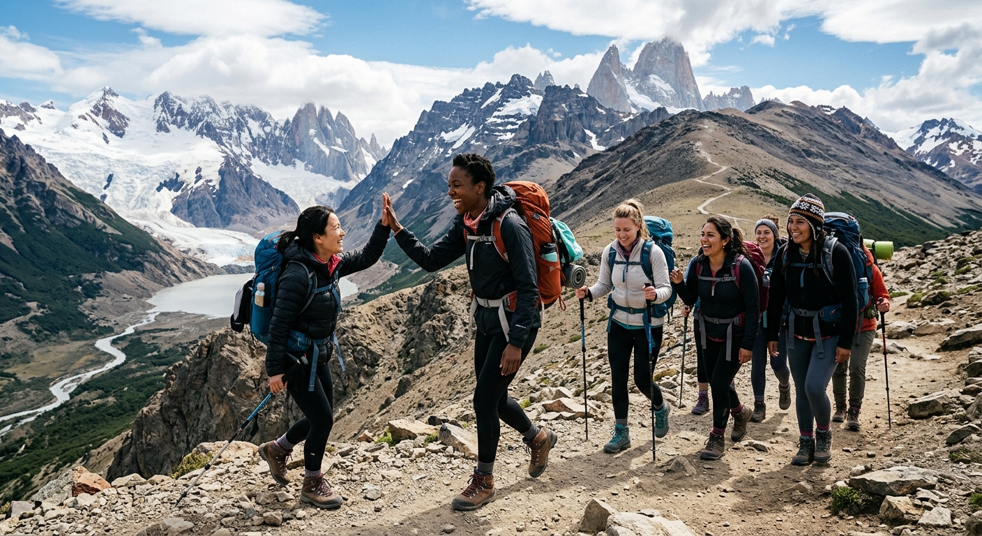 Women supporting and celebrating one another on a mountain ascent